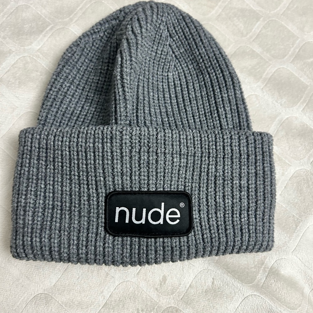 NUDE Gray Ribbed Beanie with Logo Patch